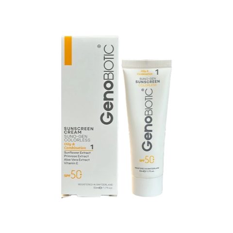 کرم ضد آفتاب بی رنگ ژنوبایوتیک مدل سانوژن مناسب برای پوست چرب با SPF50